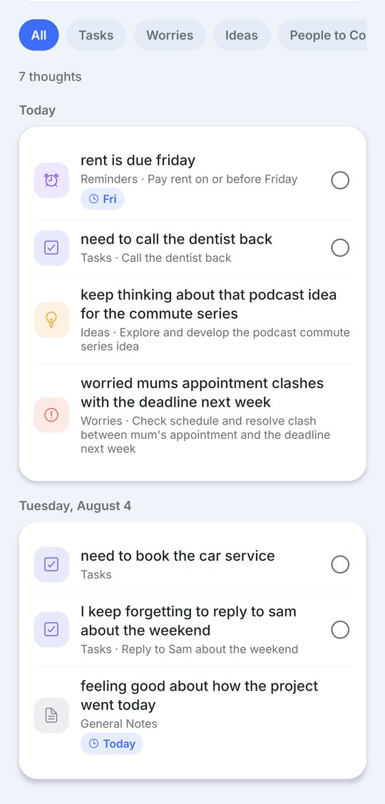 The history screen listing thoughts grouped by day with category filters across the top.