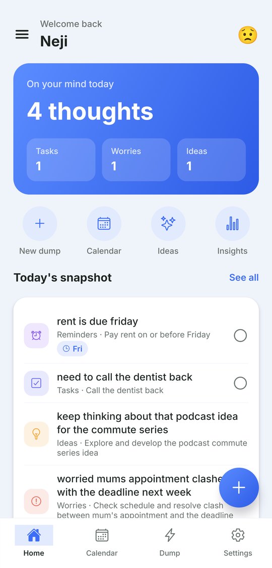 The home screen showing four thoughts, with rent due Friday carrying a date chip.